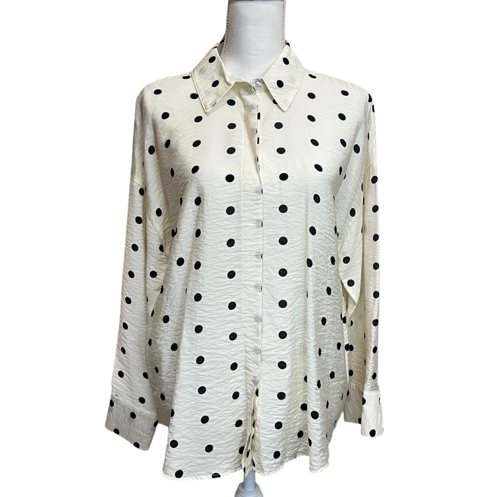 NWT Zara Polka Dot Button Up Blouse Cream and Black